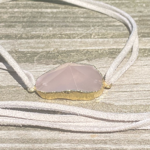 Gold dipped Rose Quartz choker necklace gray leather adjustable ties - Picture 9 of 11